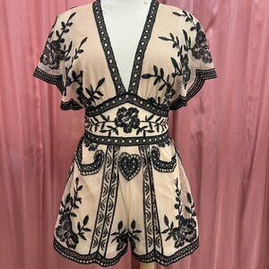 Honey Belle Nude And Black Lace Romper